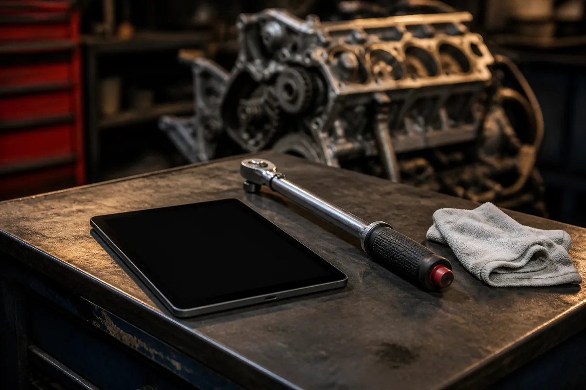 Mains d’un mécanicien consultant une tablette près d’un moteur ouvert dans un atelier