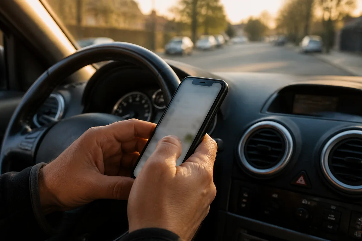 Mains d’un automobiliste tenant un téléphone dans l’habitacle d’une voiture garée