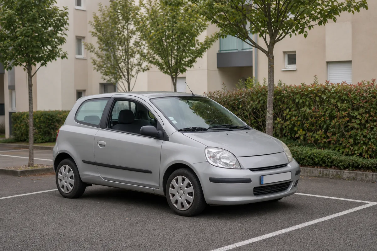 Petite citadine essence d’occasion garée sur un parking résidentiel
