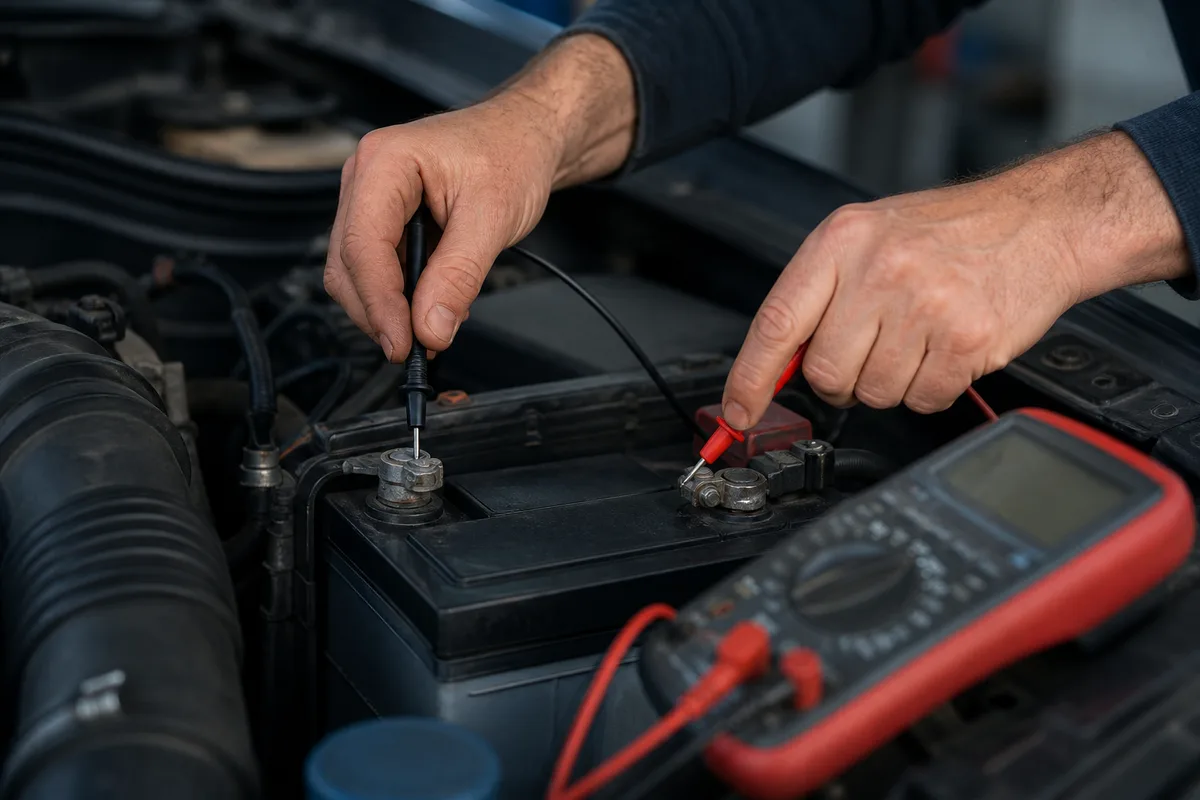 Mains d&rsquo;un mécanicien mesurant la tension aux bornes d&rsquo;une batterie de voiture avec un multimètre, capot ouvert