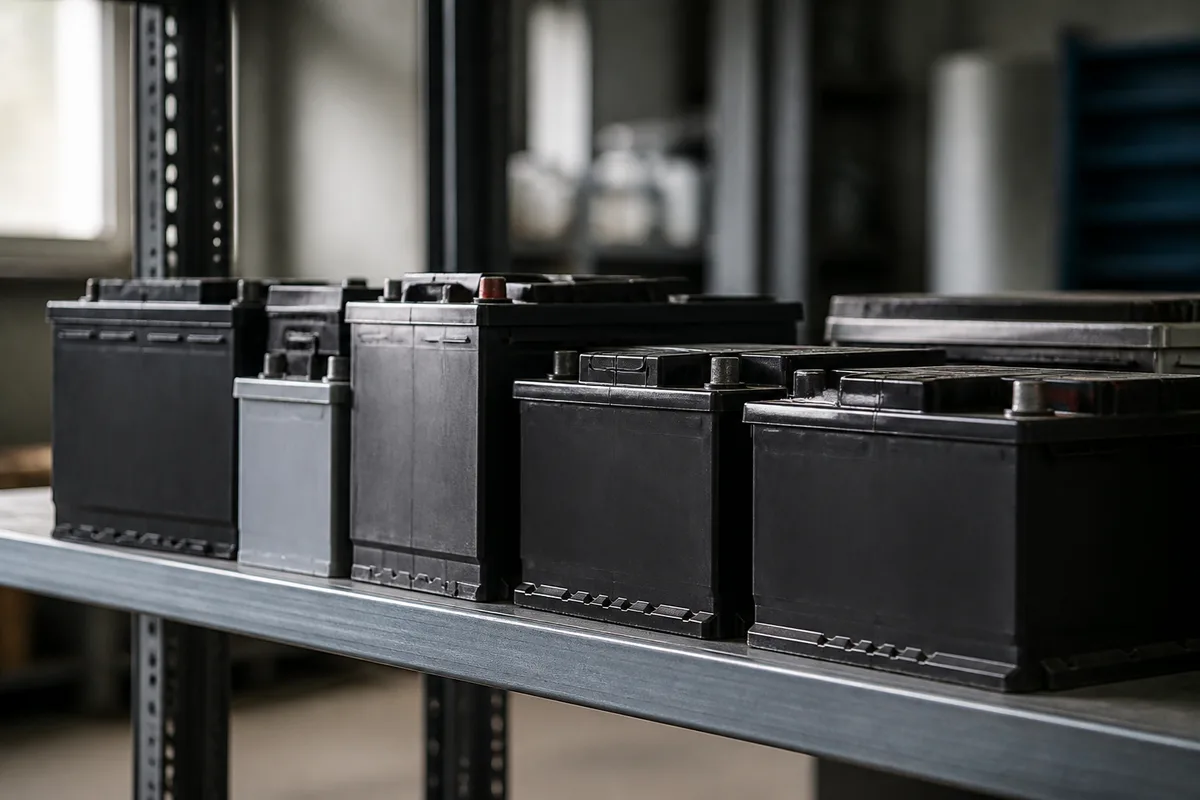 Batteries de démarrage de tailles différentes alignées sur une étagère métallique d&rsquo;atelier