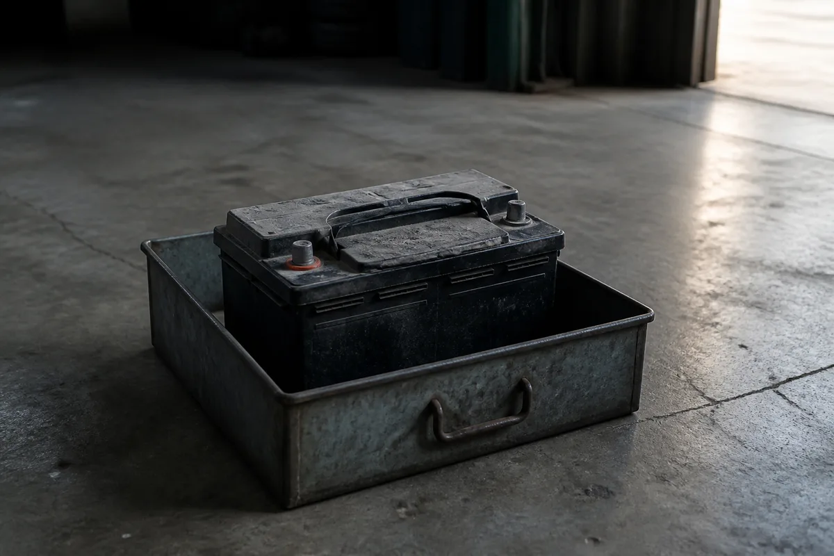 Batterie de démarrage usagée déposée dans un bac de collecte métallique d&rsquo;un atelier automobile