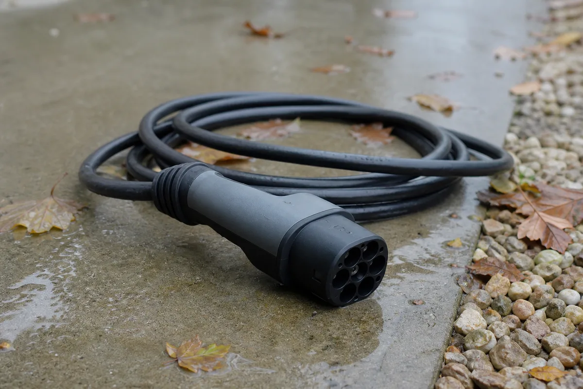 Câble de recharge type 2 posé sur l&rsquo;allée bétonnée d&rsquo;un pavillon