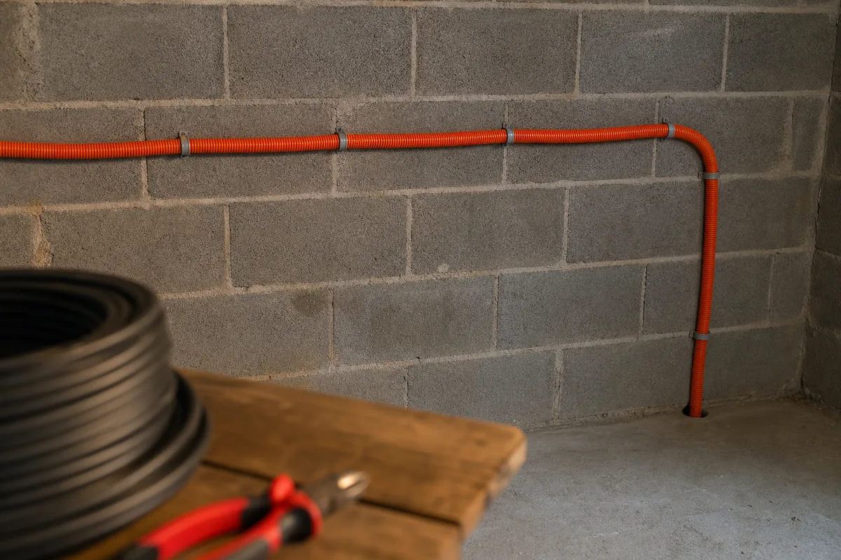 Gaine électrique orange fixée le long d&rsquo;un mur de garage avant raccordement