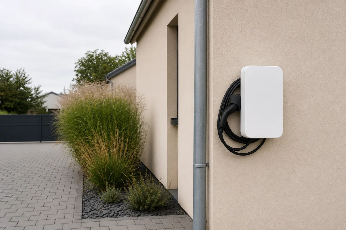 Boîtier mural blanc de recharge fixé sur la façade crépie d&rsquo;une maison