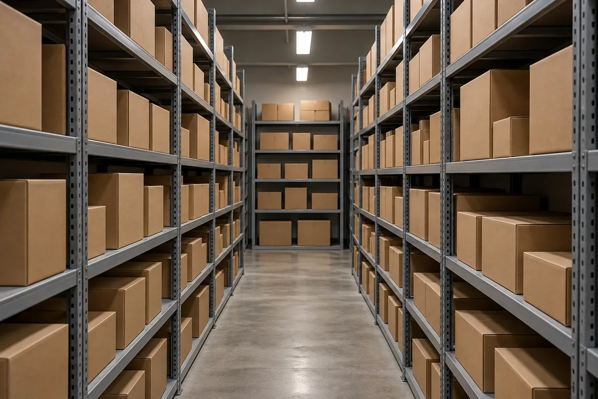 Étagères métalliques chargées de boîtes en carton brun dans un magasin de pièces