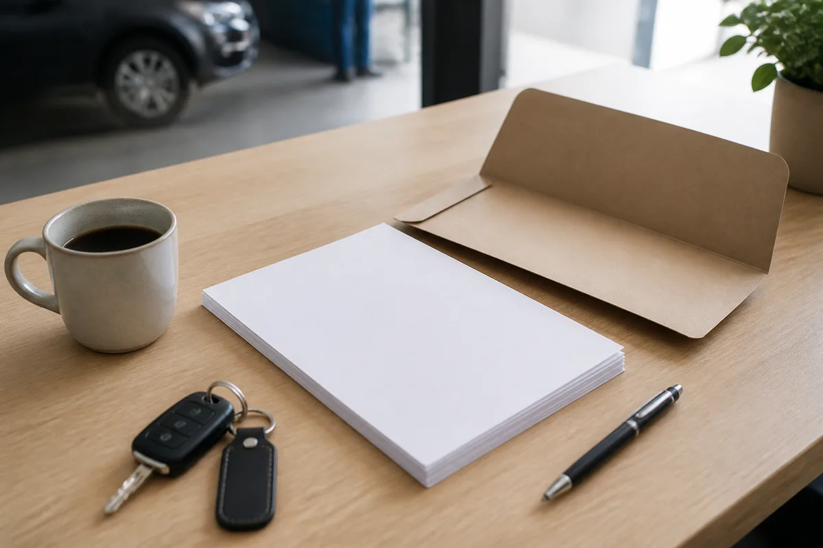 Attestation administrative, certificat d’immatriculation et trousseau de clés de voiture posés sur un bureau d’atelier