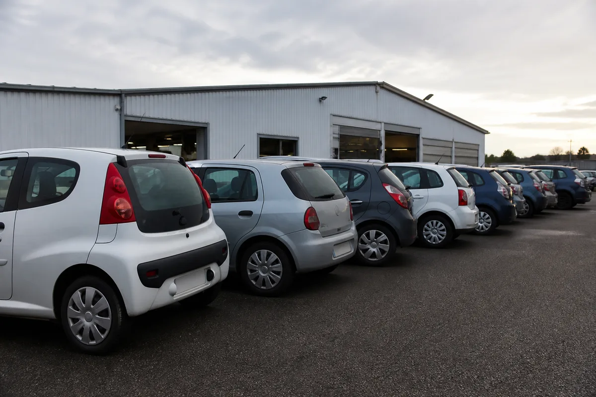 Petites citadines d’occasion alignées de trois quarts arrière sur le parking bitumé d’un atelier, sous un ciel couvert
