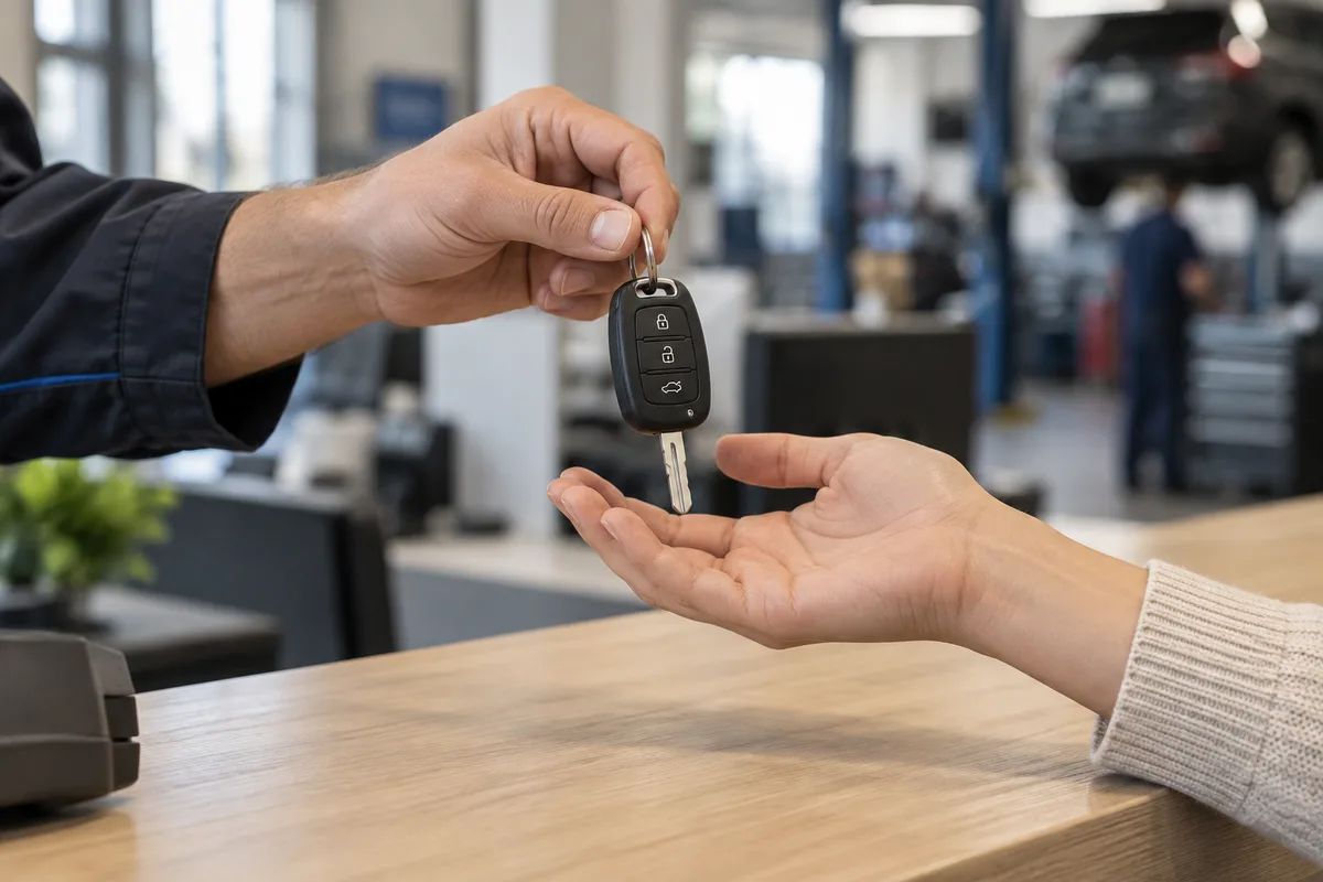 Remise des clés d&rsquo;une voiture au comptoir d&rsquo;un garage